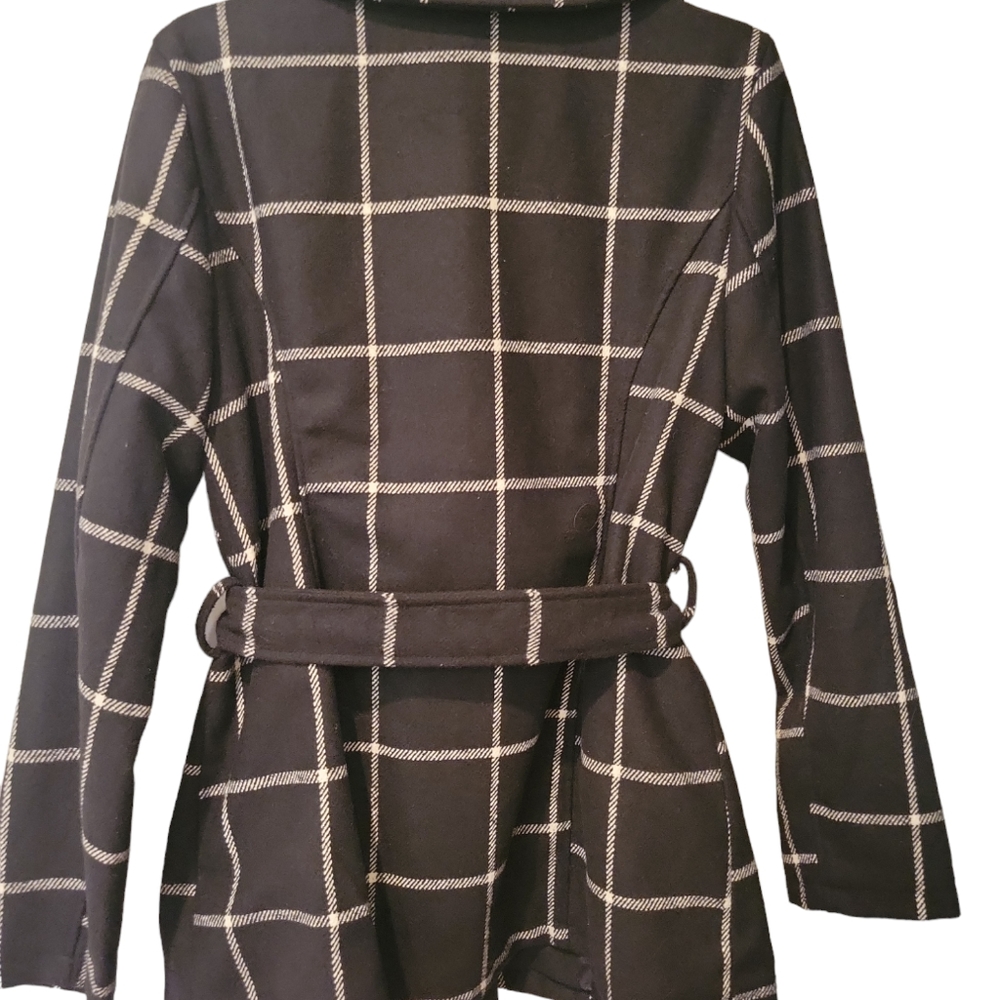 Me Jane Black & White Plaid Belted Pea Coat - Picture 5 of 5